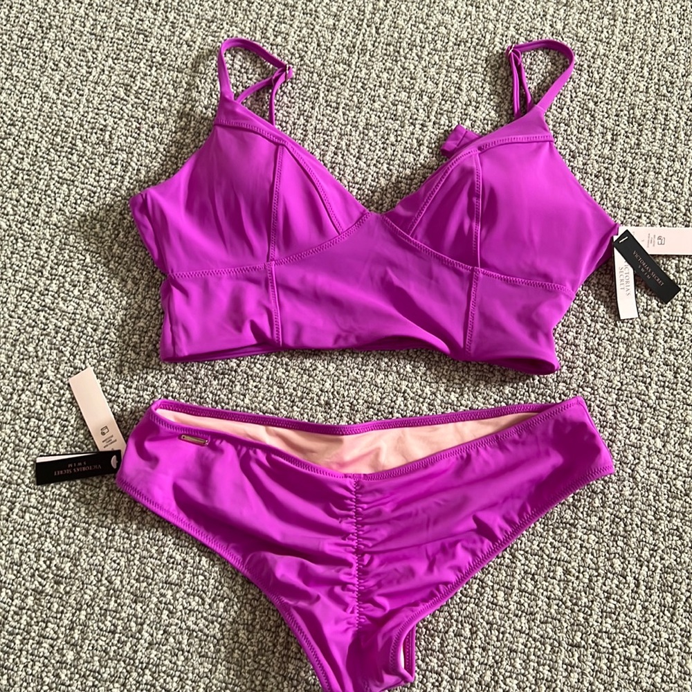 New Victoria Secret Purple Lilac Crop Bikini L Ruched bikini S Swimsuit Swim Set